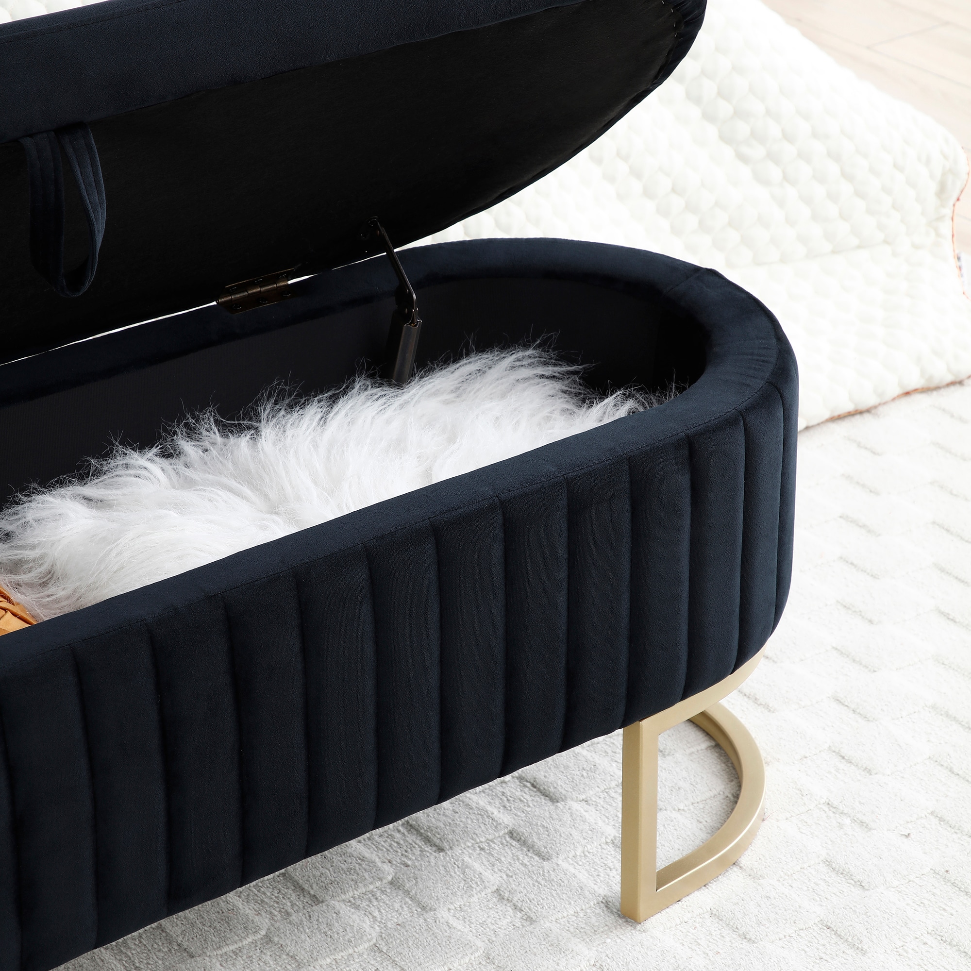 Storage Bench Bedroom Bench, Velvet Oval Upholstered Bed Bench With Golden Metal Legs,Storage Ottoman Bench For Bedroom, Living Room,Entryway,Black_voghion.com